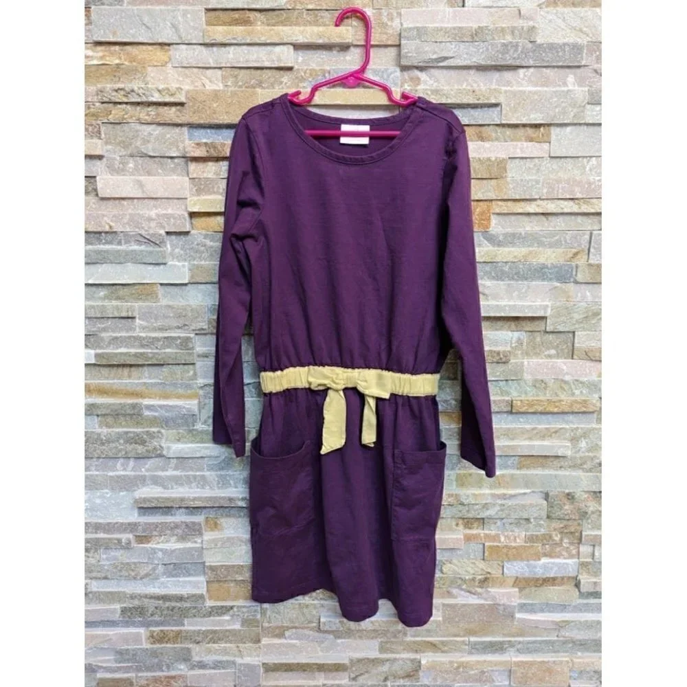Hanna Andersson Long Sleeve Purple Dress w/ Pockets Yellow Bow Girls Size 8